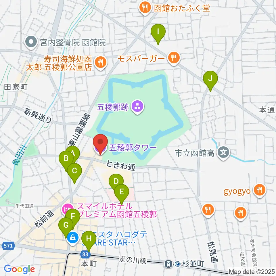 五稜郭タワー周辺のコンビニエンスストア一覧地図