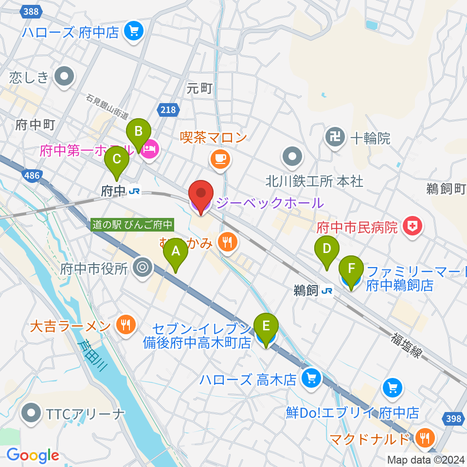 ジーベックホール 府中市文化センター周辺のコンビニエンスストア一覧地図