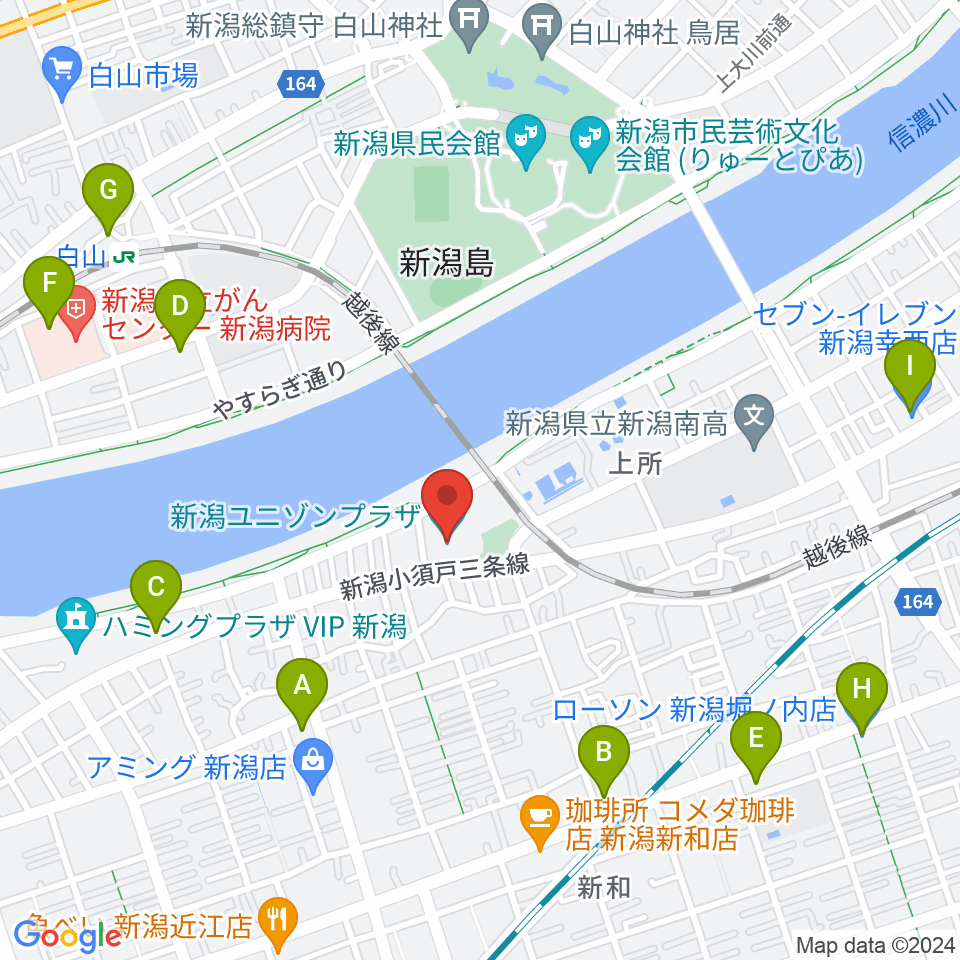 新潟ユニゾンプラザ周辺のコンビニエンスストア一覧地図