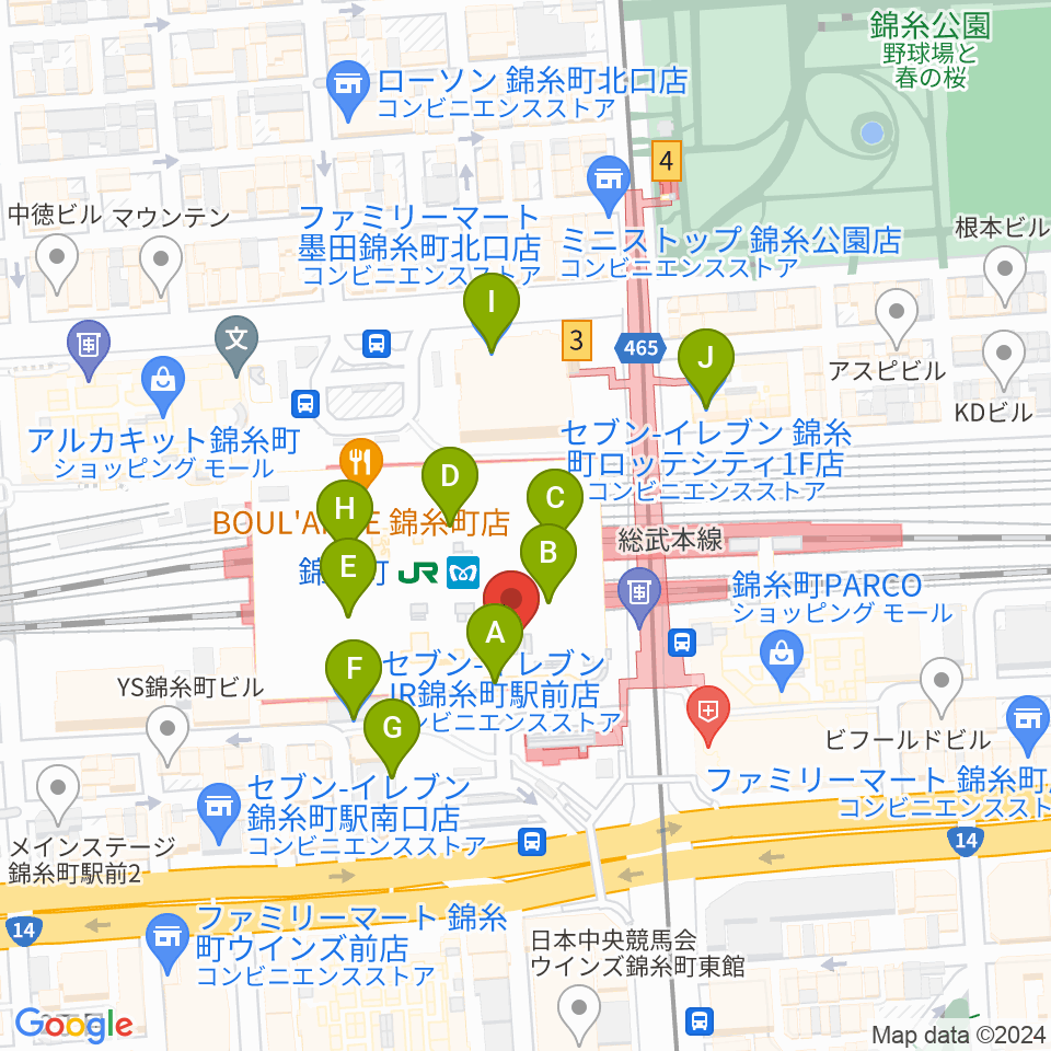 よみうりカルチャー錦糸町周辺のコンビニエンスストア一覧地図