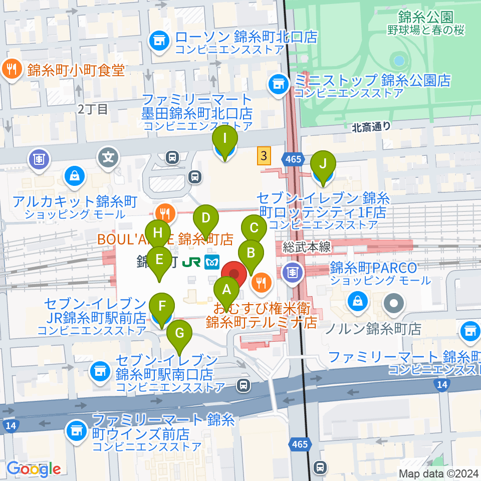 よみうりカルチャー錦糸町周辺のコンビニエンスストア一覧地図