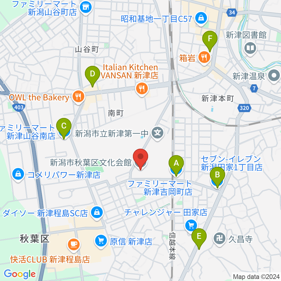 新潟市秋葉区文化会館周辺のコンビニエンスストア一覧地図