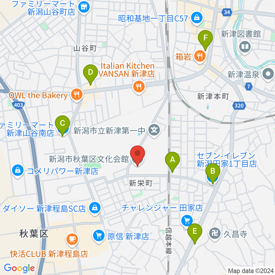 新潟市秋葉区文化会館周辺のコンビニエンスストア一覧地図