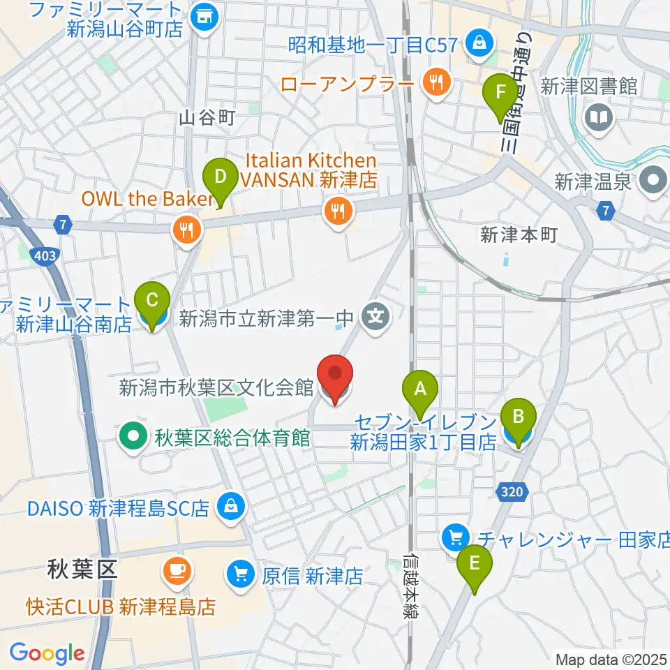 新潟市秋葉区文化会館周辺のコンビニエンスストア一覧地図