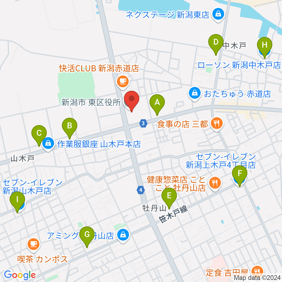 新潟市東区プラザ周辺のコンビニエンスストア一覧地図