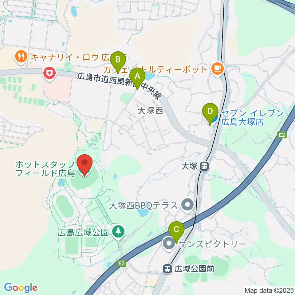 ホットスタッフフィールド広島周辺のコンビニエンスストア一覧地図