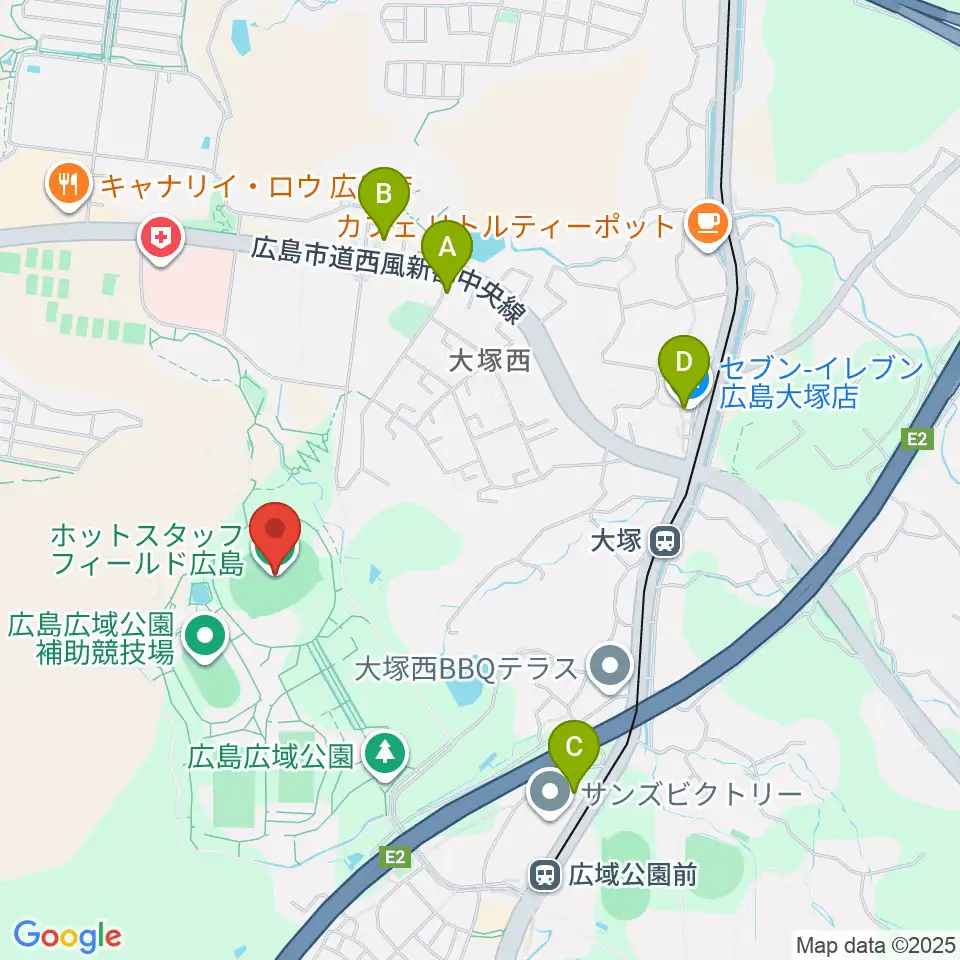 ホットスタッフフィールド広島周辺のコンビニエンスストア一覧地図