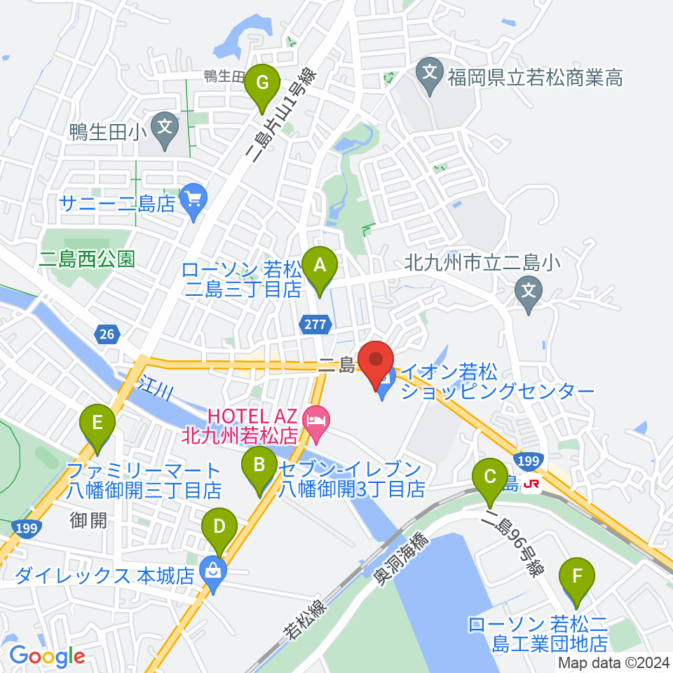 タワーレコード 若松店周辺のコンビニエンスストア一覧地図