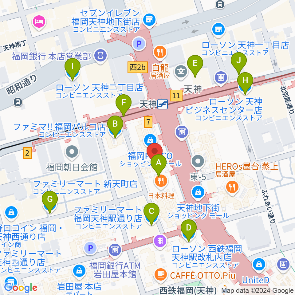 タワーレコード 福岡パルコ店周辺のコンビニエンスストア一覧地図