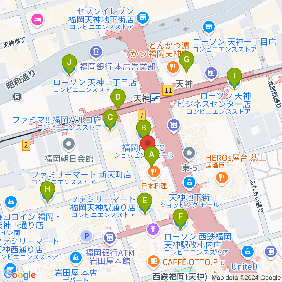 タワーレコード 福岡パルコ店周辺のコンビニエンスストア一覧地図