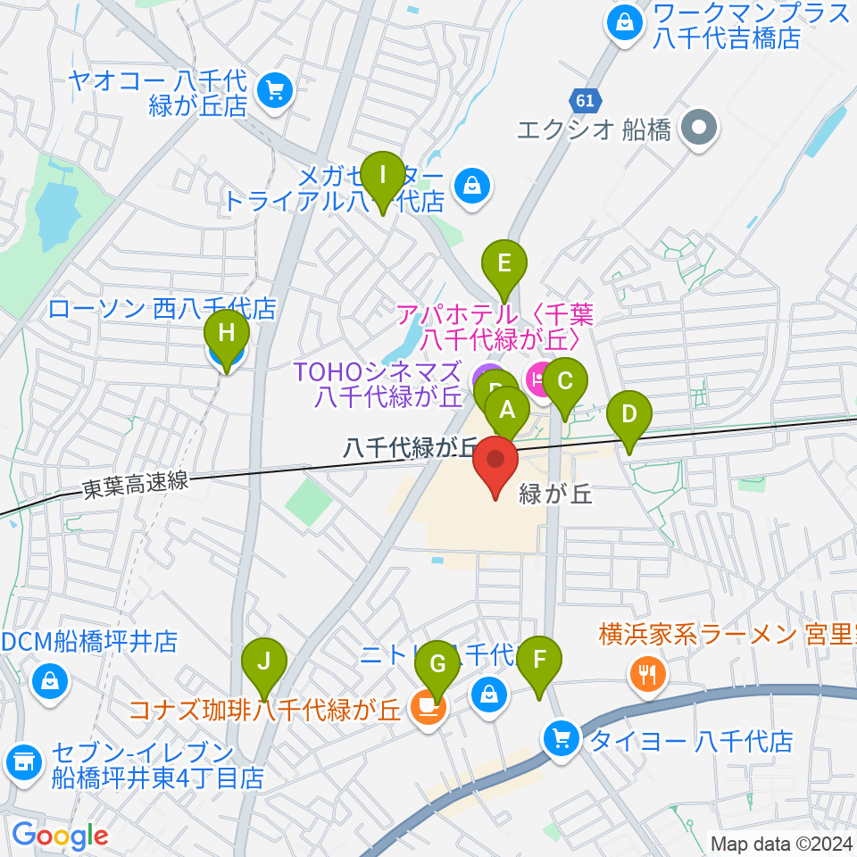 JEUGIAカルチャーセンター イオンモール八千代緑が丘周辺のコンビニエンスストア一覧地図