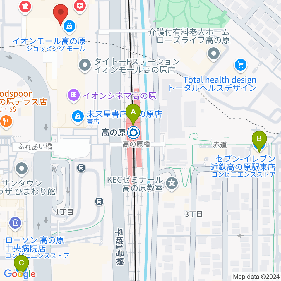 JEUGIAカルチャーセンター イオンモール高の原周辺のコンビニエンスストア一覧地図