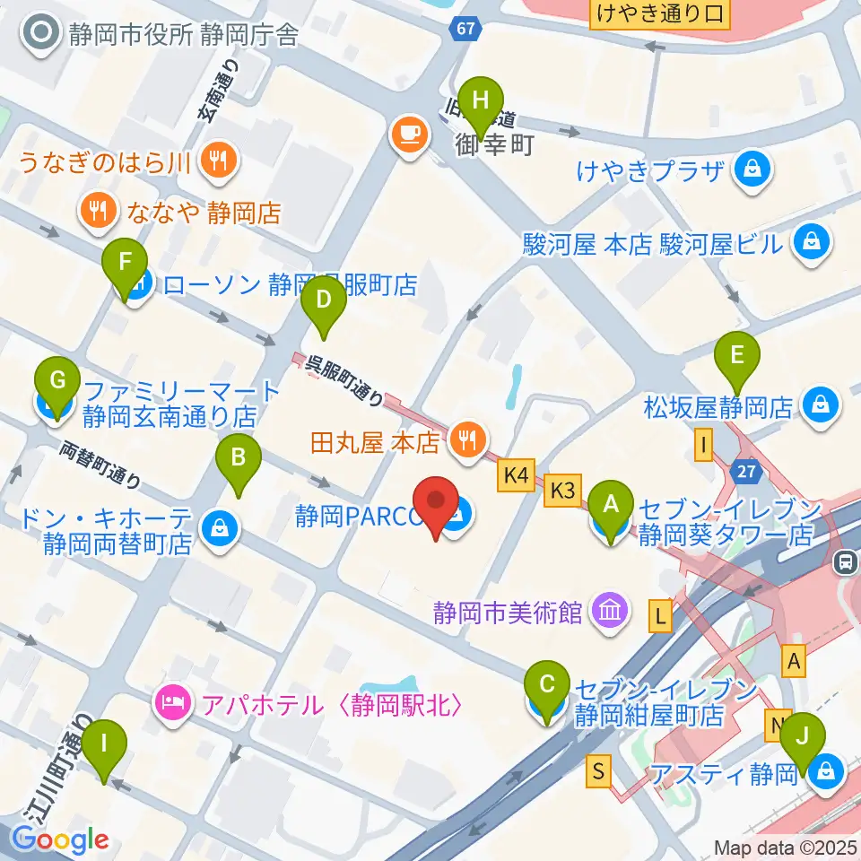 タワーレコード静岡店周辺のコンビニエンスストア一覧地図