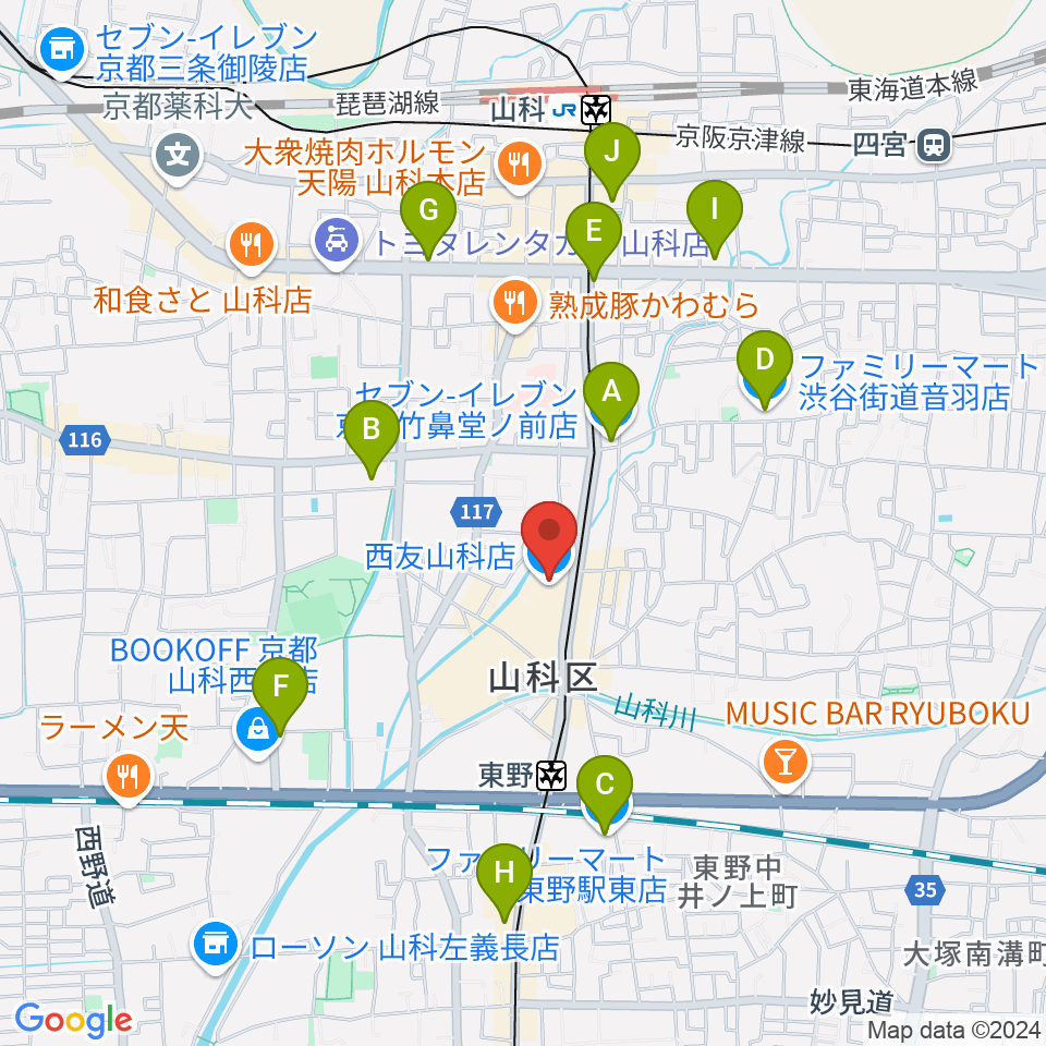 JEUGIAカルチャーセンター 西友山科周辺のコンビニエンスストア一覧地図