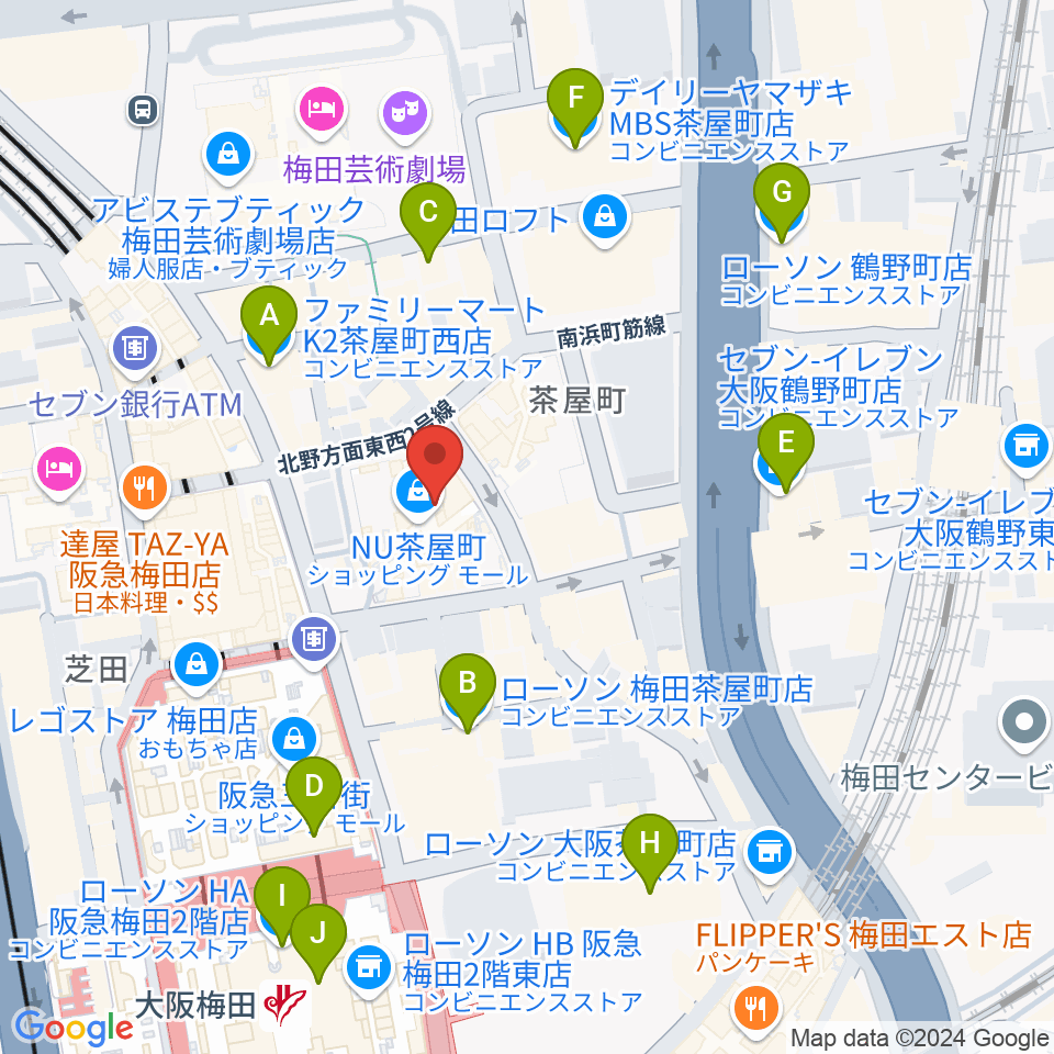 タワーレコード梅田NU茶屋町店周辺のコンビニエンスストア一覧地図