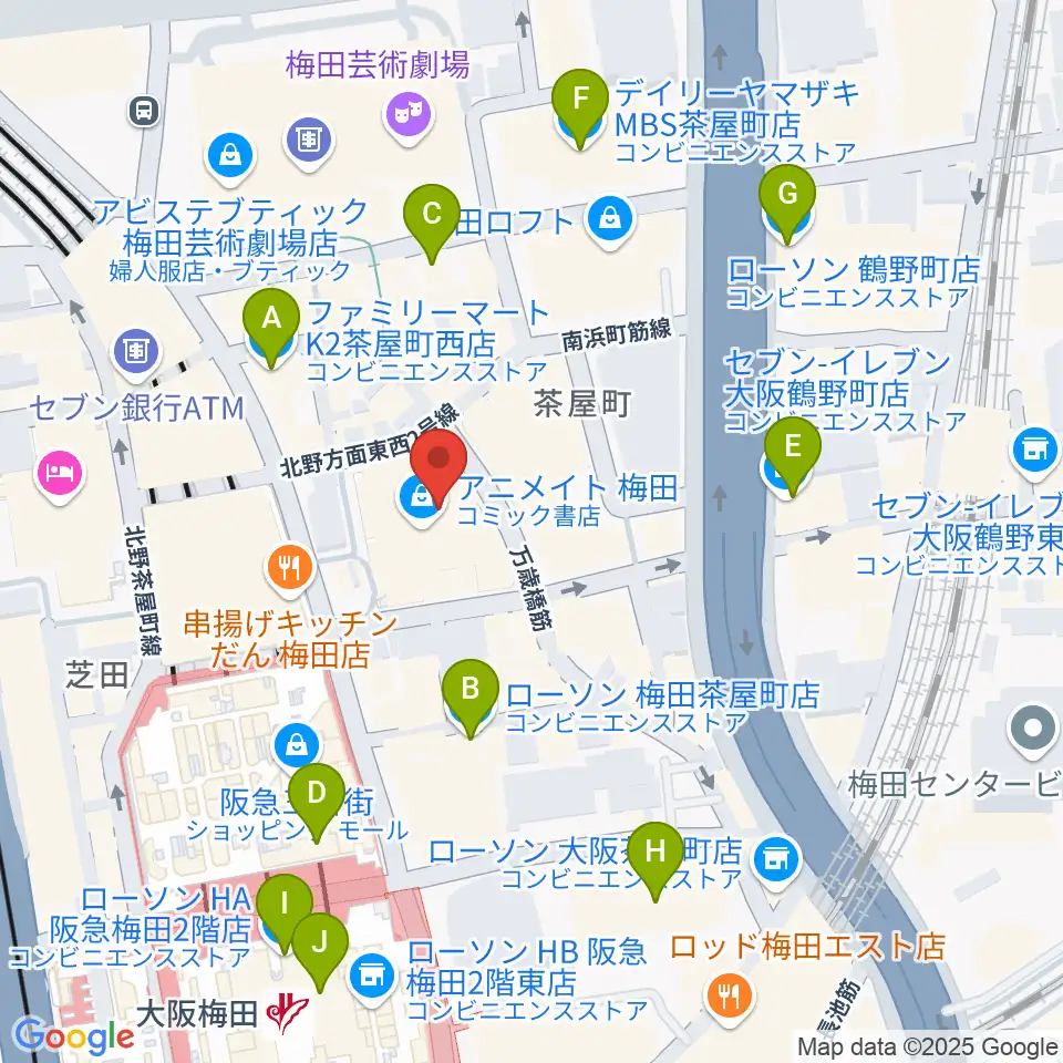 タワーレコード梅田NU茶屋町店周辺のコンビニエンスストア一覧地図