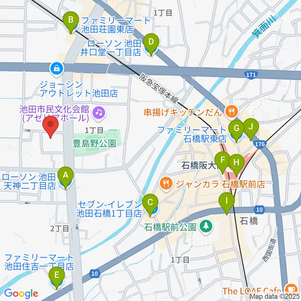 池田市立カルチャープラザ周辺のコンビニエンスストア一覧地図