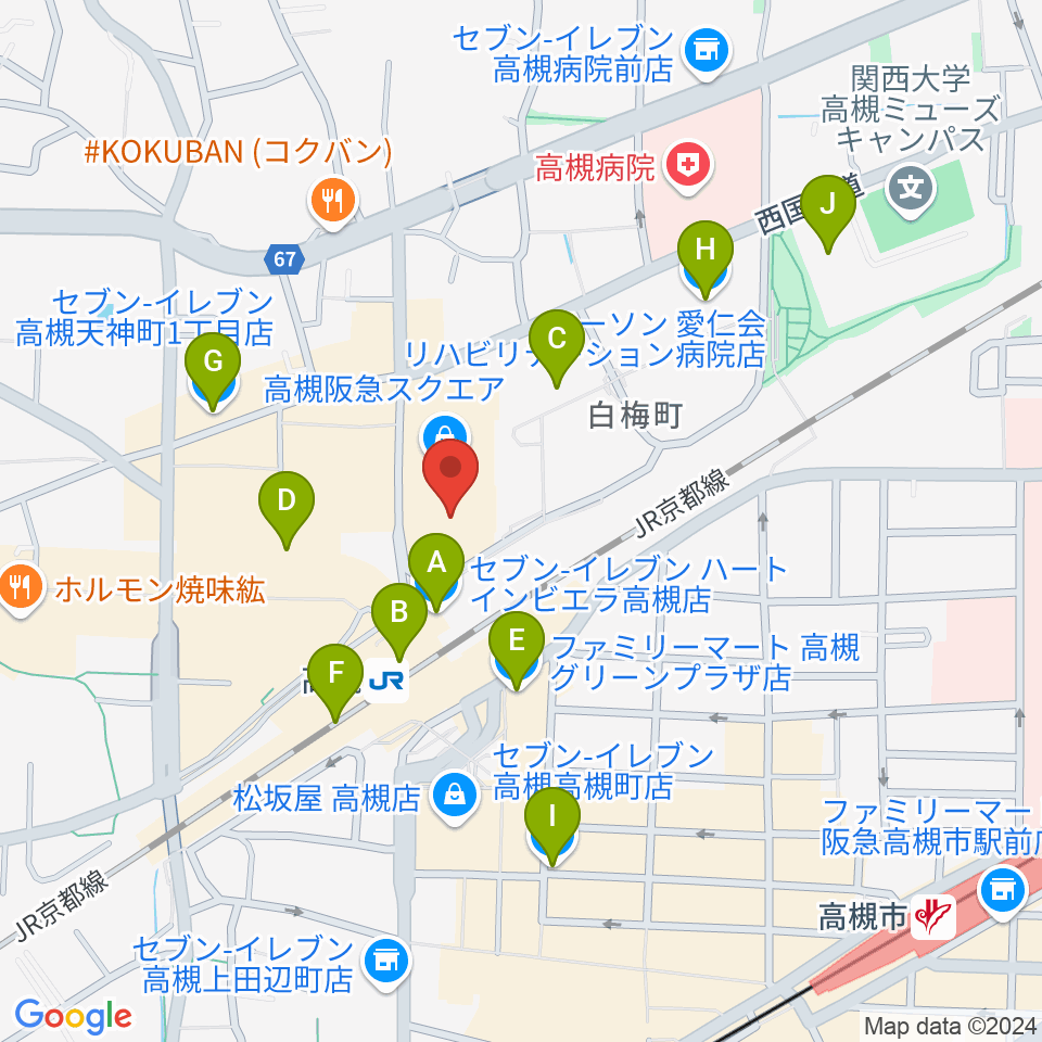 タワーレコード高槻阪急スクエア店周辺のコンビニエンスストア一覧地図