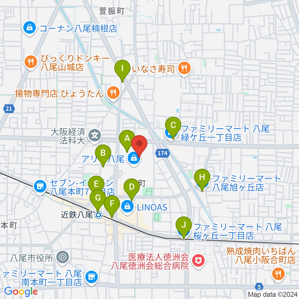 タワーレコード アリオ八尾店周辺のコンビニエンスストア一覧地図