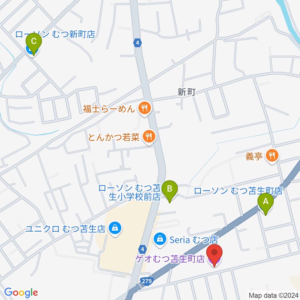 ゲオむつ苫生町店周辺のコンビニエンスストア一覧地図