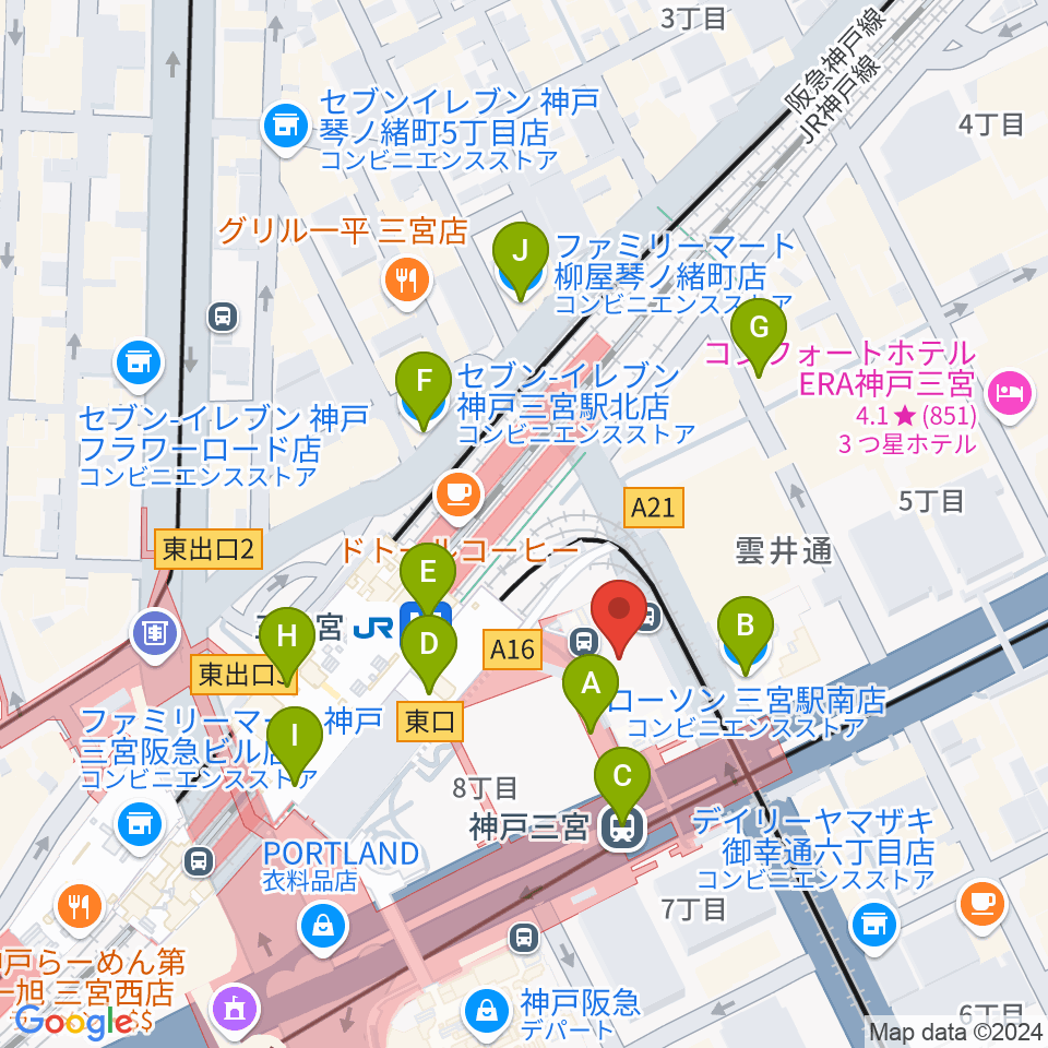 タワーレコード神戸店周辺のコンビニエンスストア一覧地図