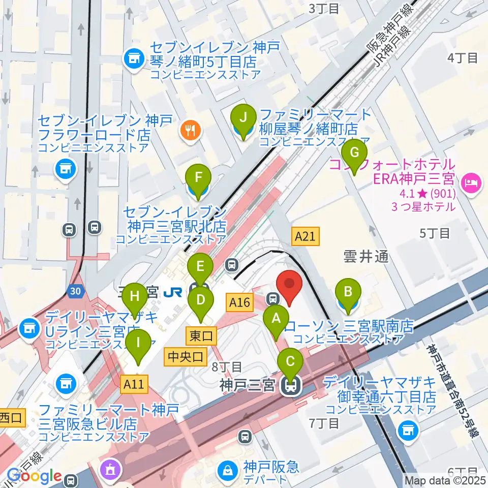 タワーレコード神戸店周辺のコンビニエンスストア一覧地図