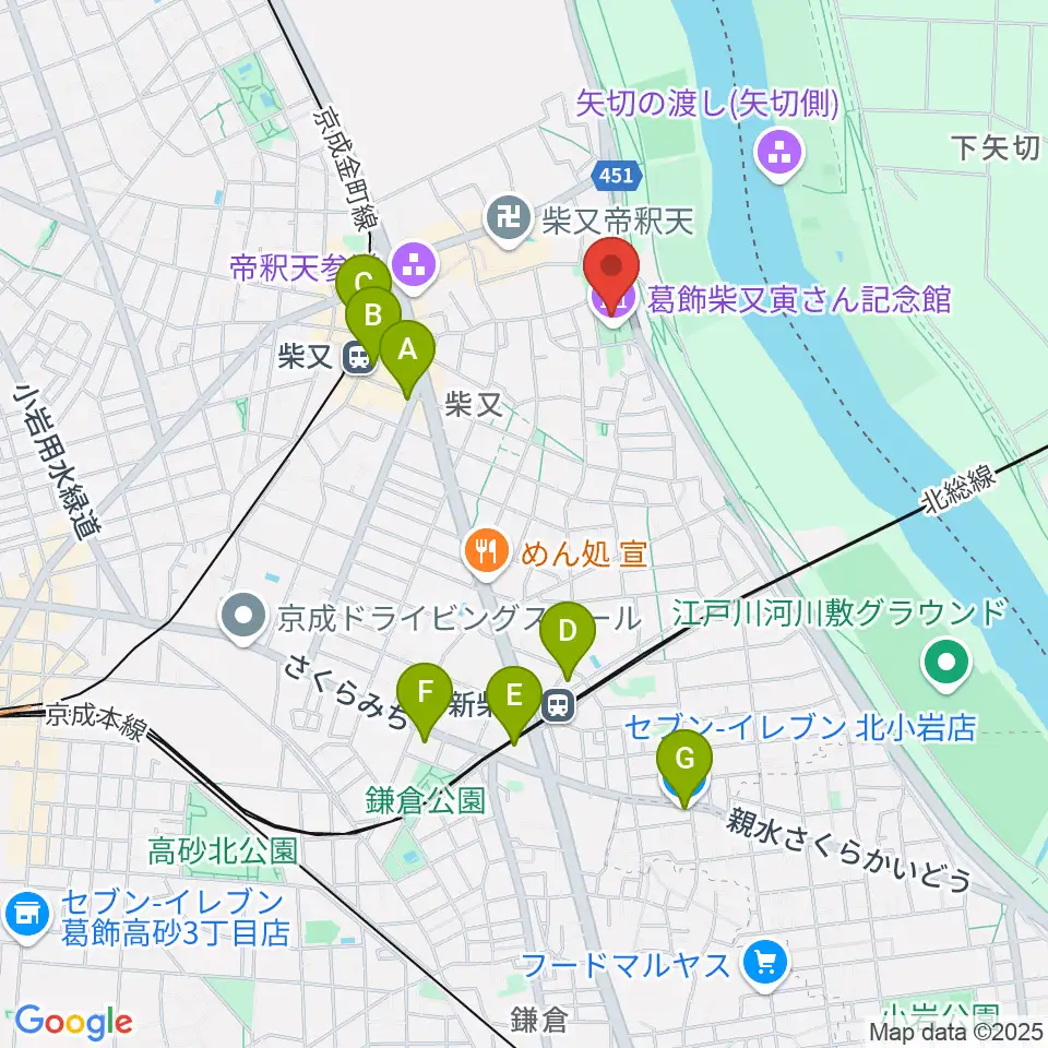 葛飾柴又寅さん記念館周辺のコンビニエンスストア一覧地図
