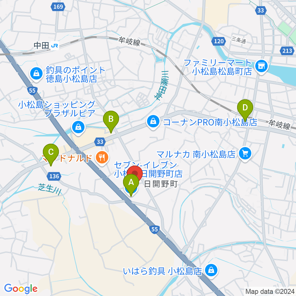 平惣ゲオ小松島店周辺のコンビニエンスストア一覧地図