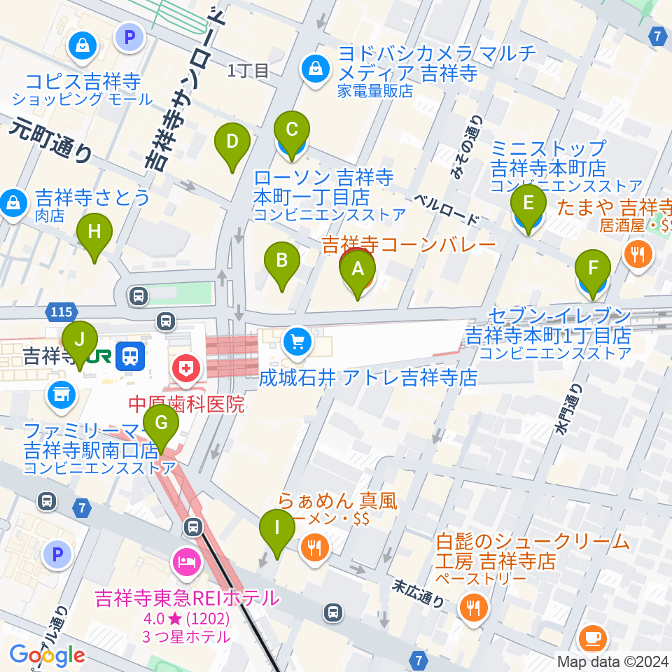 吉祥寺ブラック＆ブルー周辺のコンビニエンスストア一覧地図