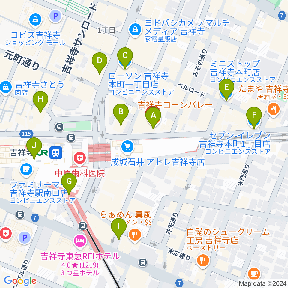 吉祥寺ブラック＆ブルー周辺のコンビニエンスストア一覧地図