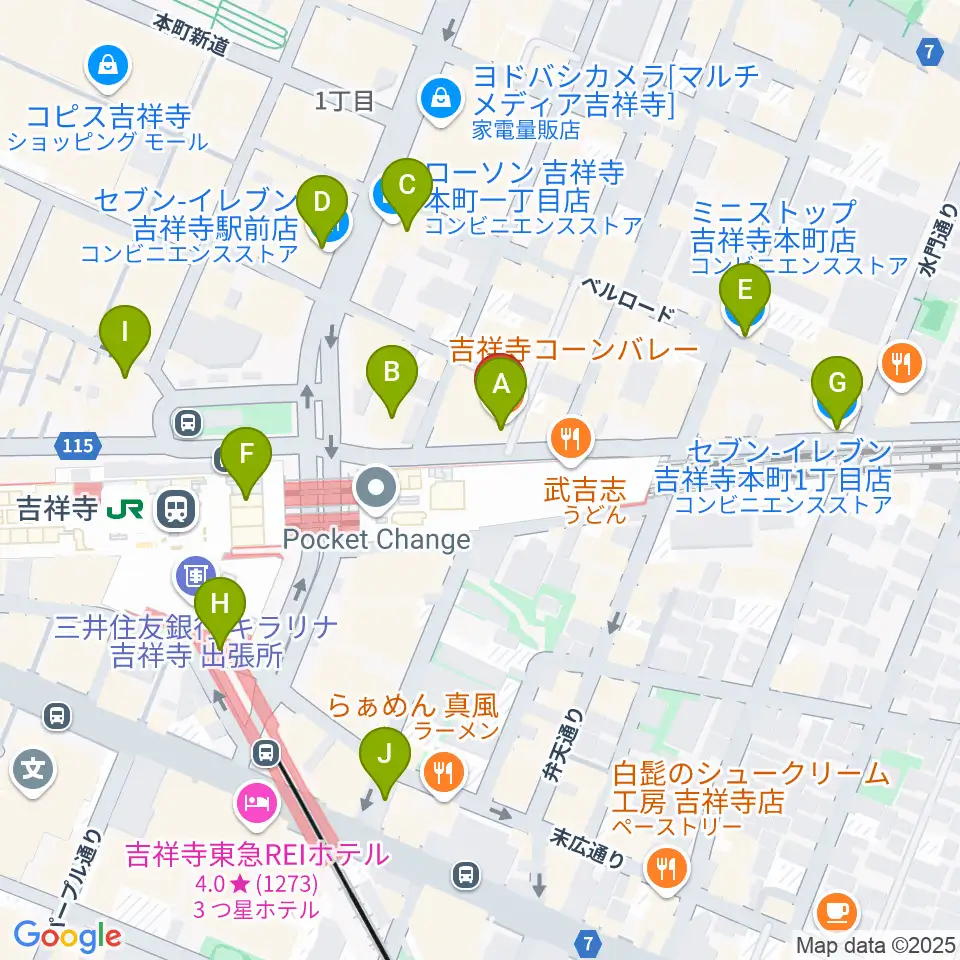 吉祥寺ブラック&ブルー周辺のコンビニエンスストア一覧地図