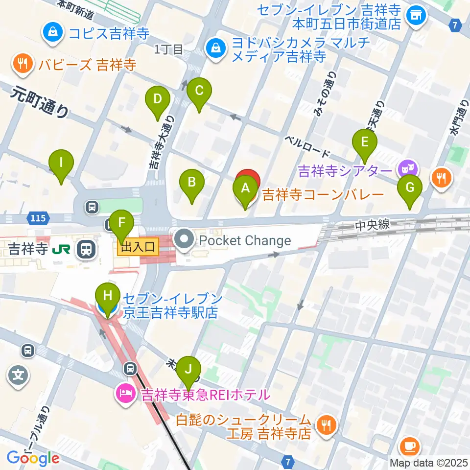 吉祥寺ブラック&ブルー周辺のコンビニエンスストア一覧地図