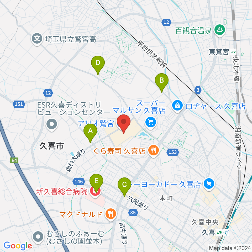 昭和楽器アリオ鷲宮センター周辺のコンビニエンスストア一覧地図