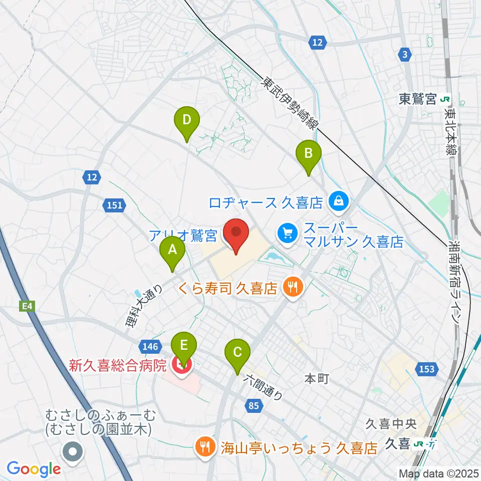 昭和楽器アリオ鷲宮センター周辺のコンビニエンスストア一覧地図