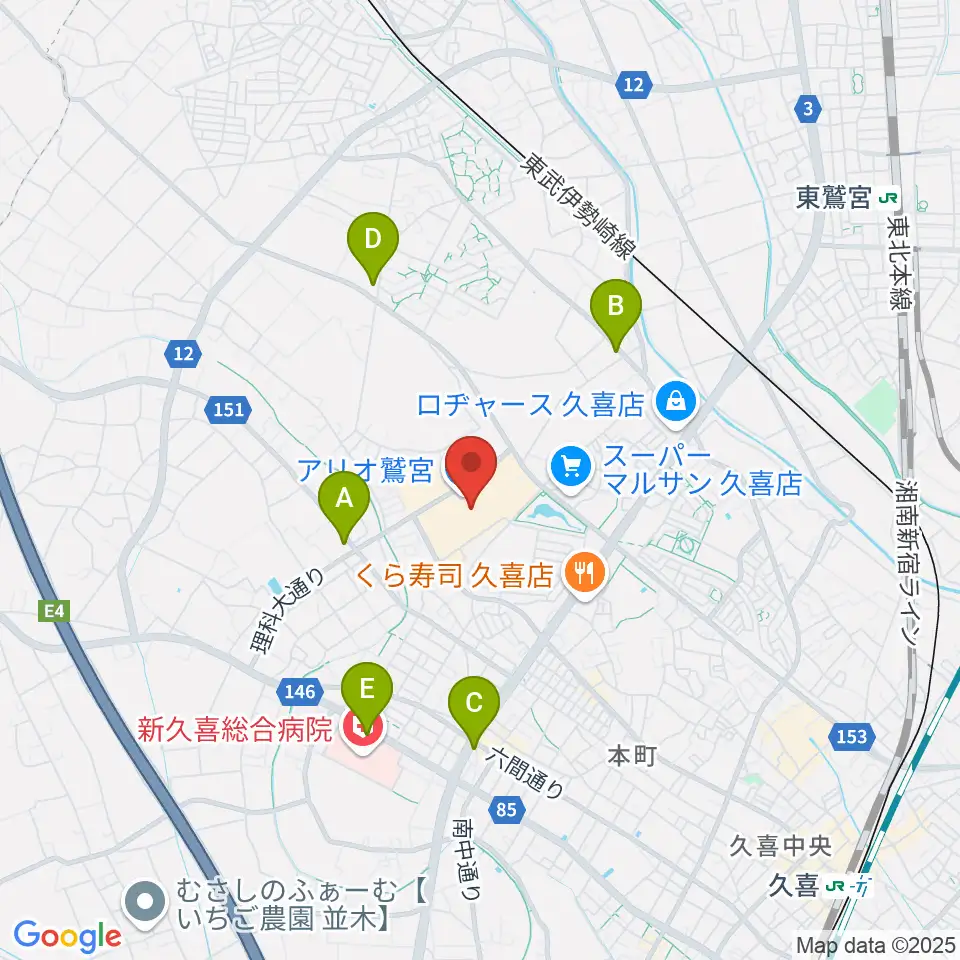 昭和楽器アリオ鷲宮センター周辺のコンビニエンスストア一覧地図