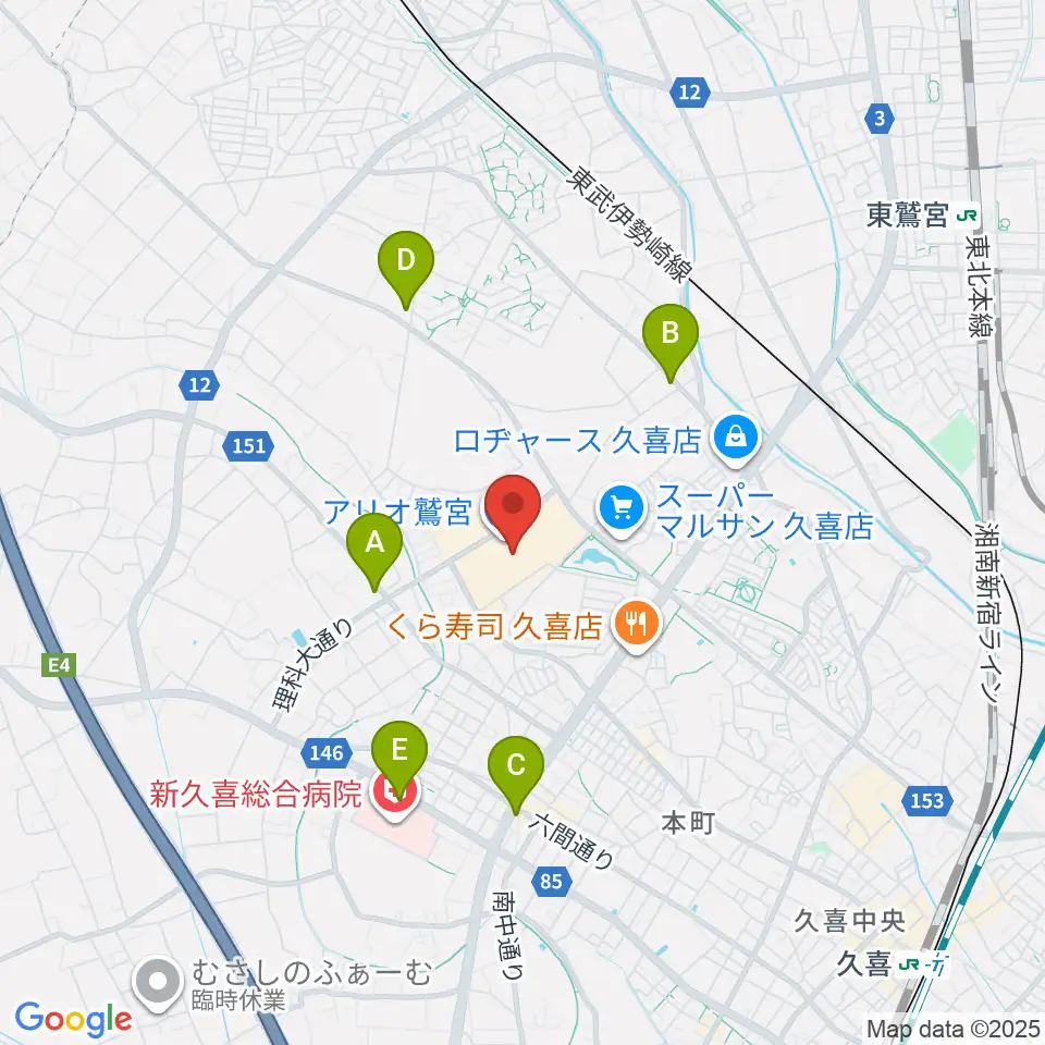昭和楽器アリオ鷲宮センター周辺のコンビニエンスストア一覧地図