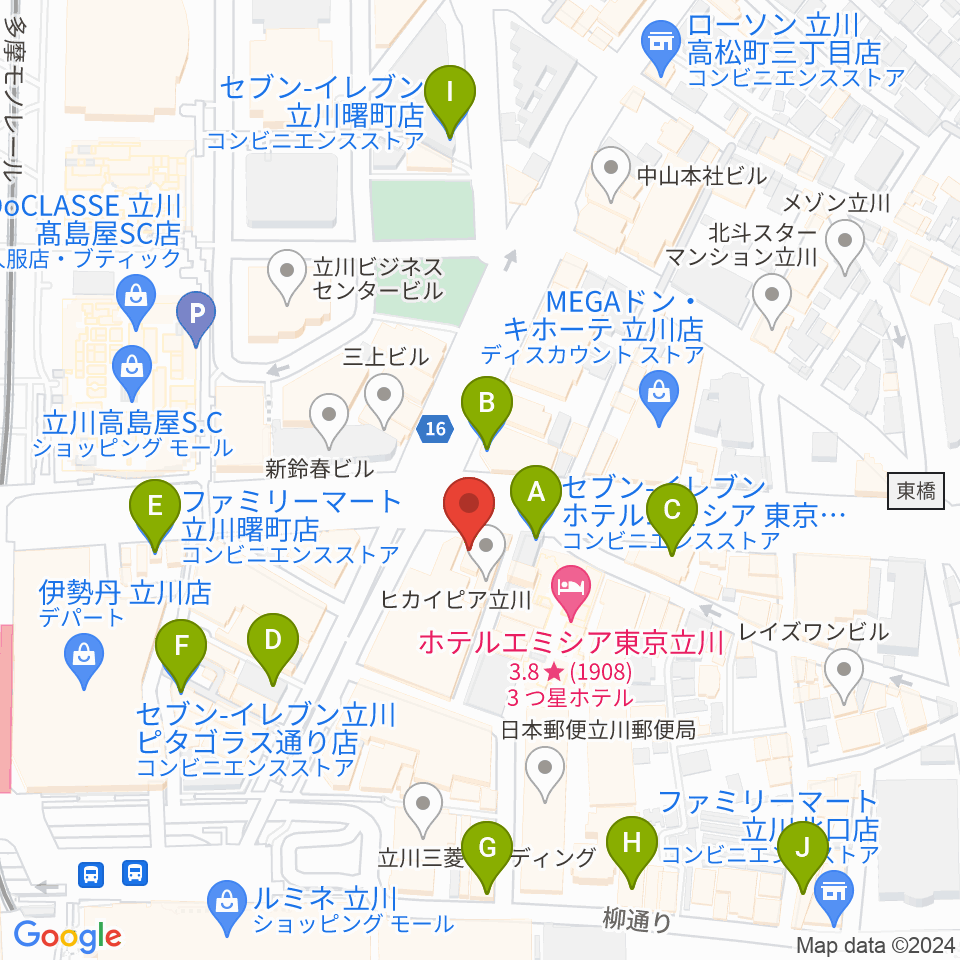 ジェシー・ジェイムス立川店周辺のコンビニエンスストア一覧地図