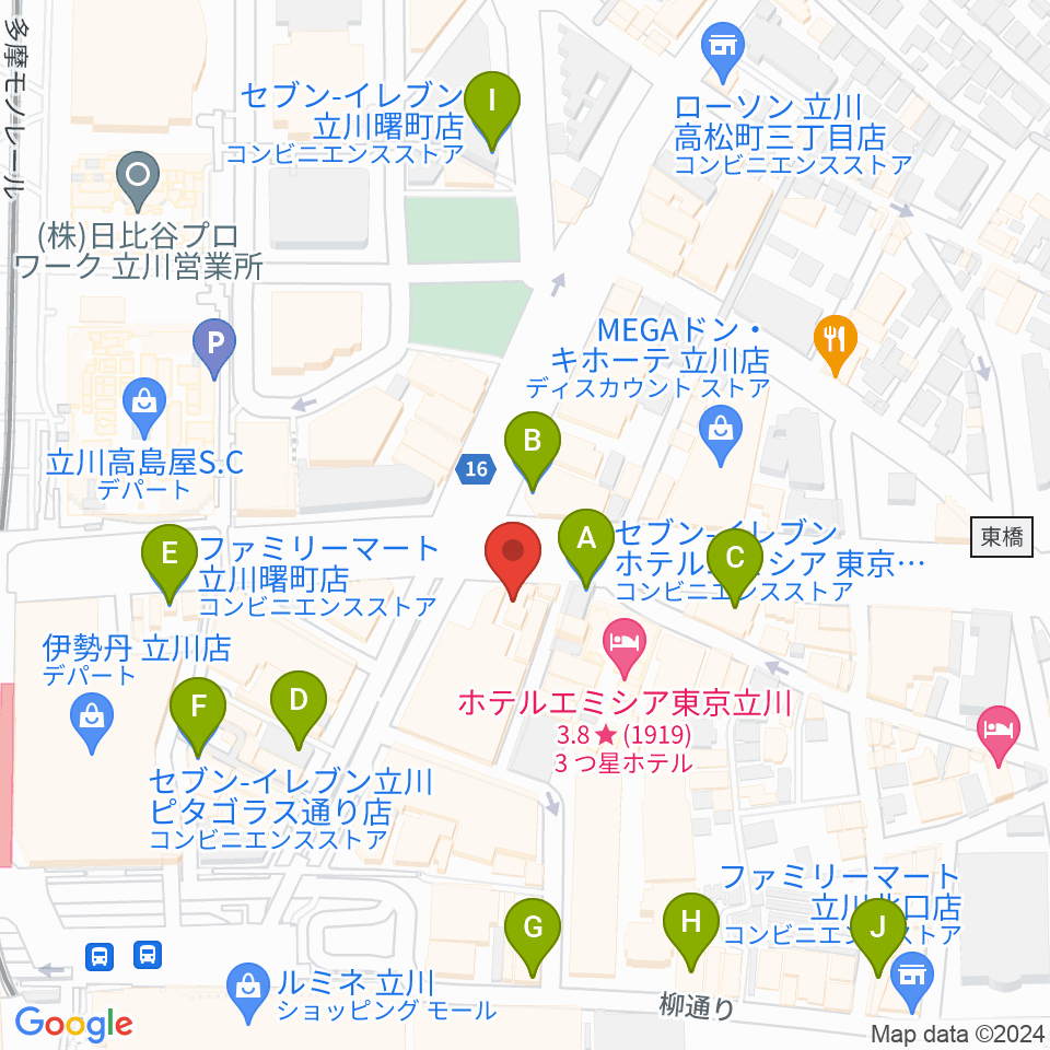 ジェシー・ジェイムス立川店周辺のコンビニエンスストア一覧地図