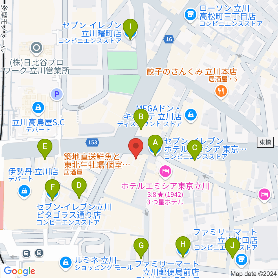 ジェシー・ジェイムス立川店周辺のコンビニエンスストア一覧地図