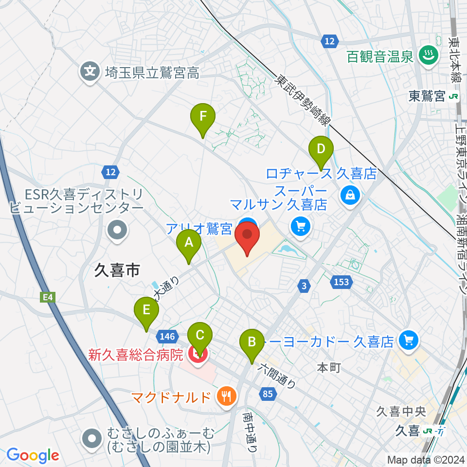 タワーレコード アリオ鷲宮店周辺のコンビニエンスストア一覧地図