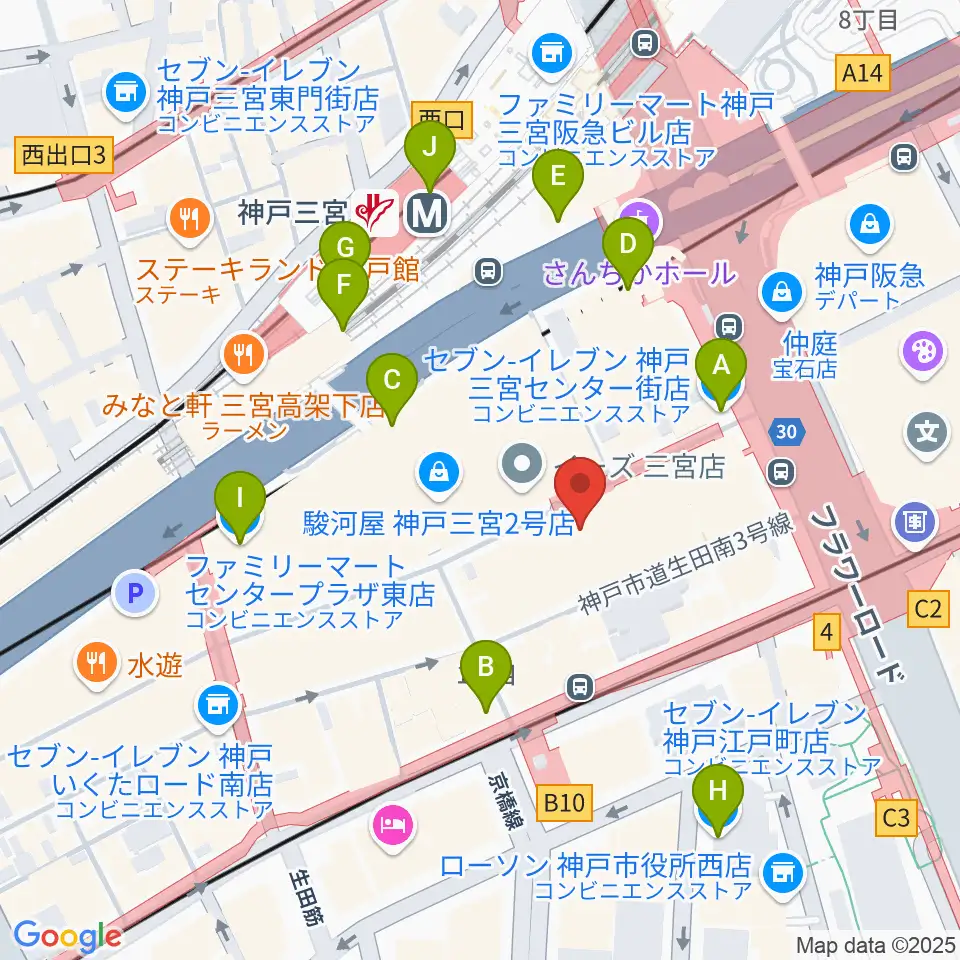 HMV三宮オーパ周辺のコンビニエンスストア一覧地図