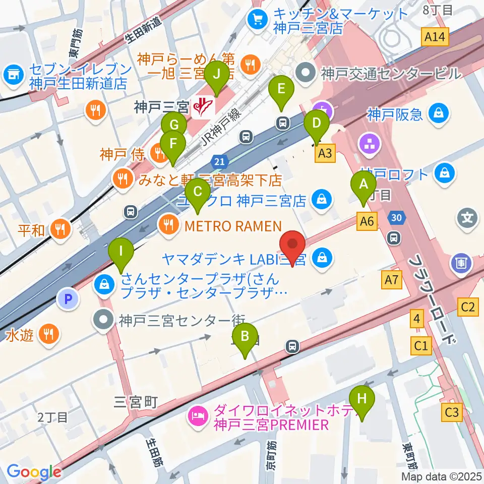 HMV三宮オーパ周辺のコンビニエンスストア一覧地図