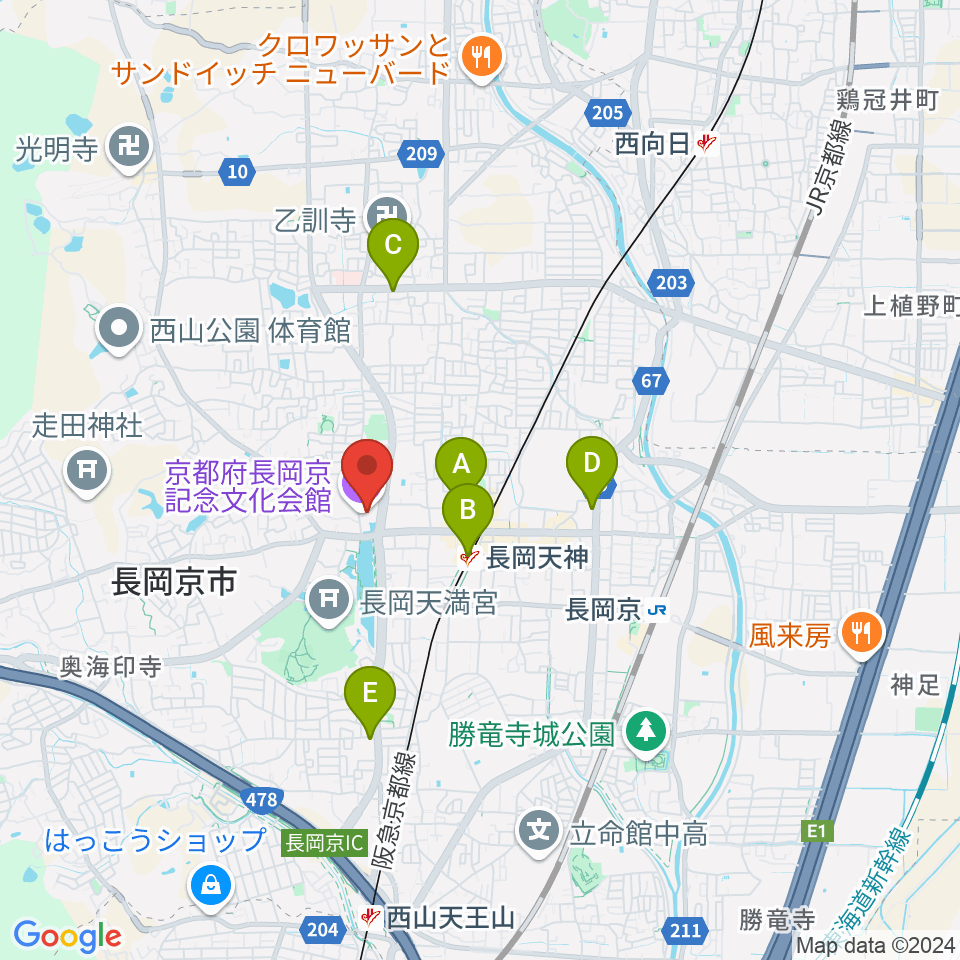 京都府長岡京記念文化会館周辺のコンビニエンスストア一覧地図