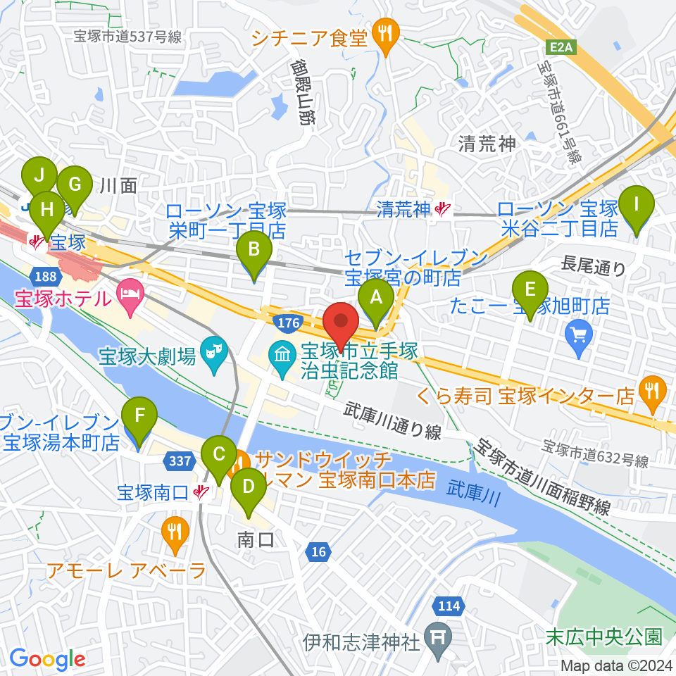 宝塚文化創造館周辺のコンビニエンスストア一覧地図