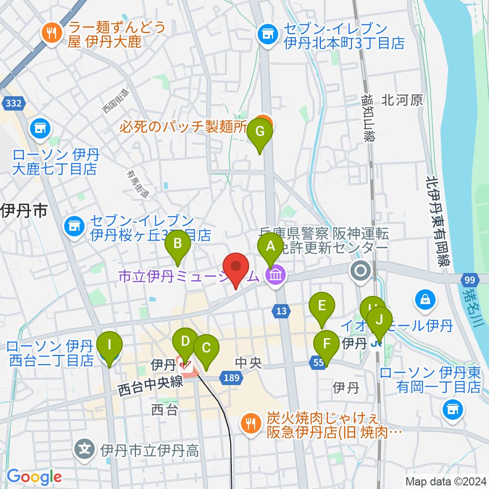 伊丹アイフォニックホール周辺のコンビニエンスストア一覧地図