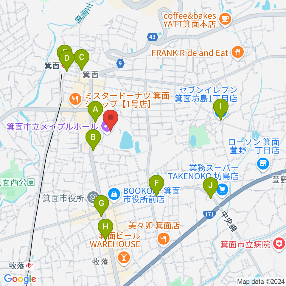 箕面市立メイプルホール周辺のコンビニエンスストア一覧地図