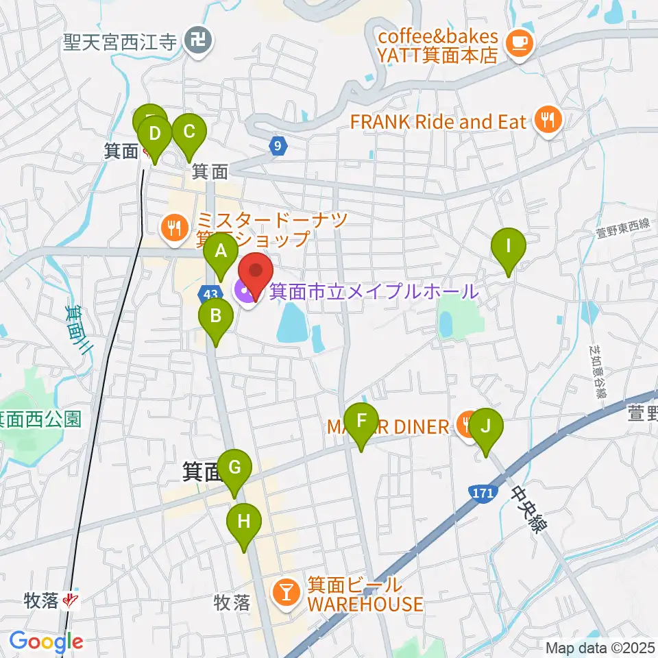 箕面市立メイプルホール周辺のコンビニエンスストア一覧地図