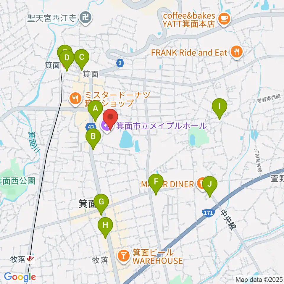 箕面市立メイプルホール周辺のコンビニエンスストア一覧地図