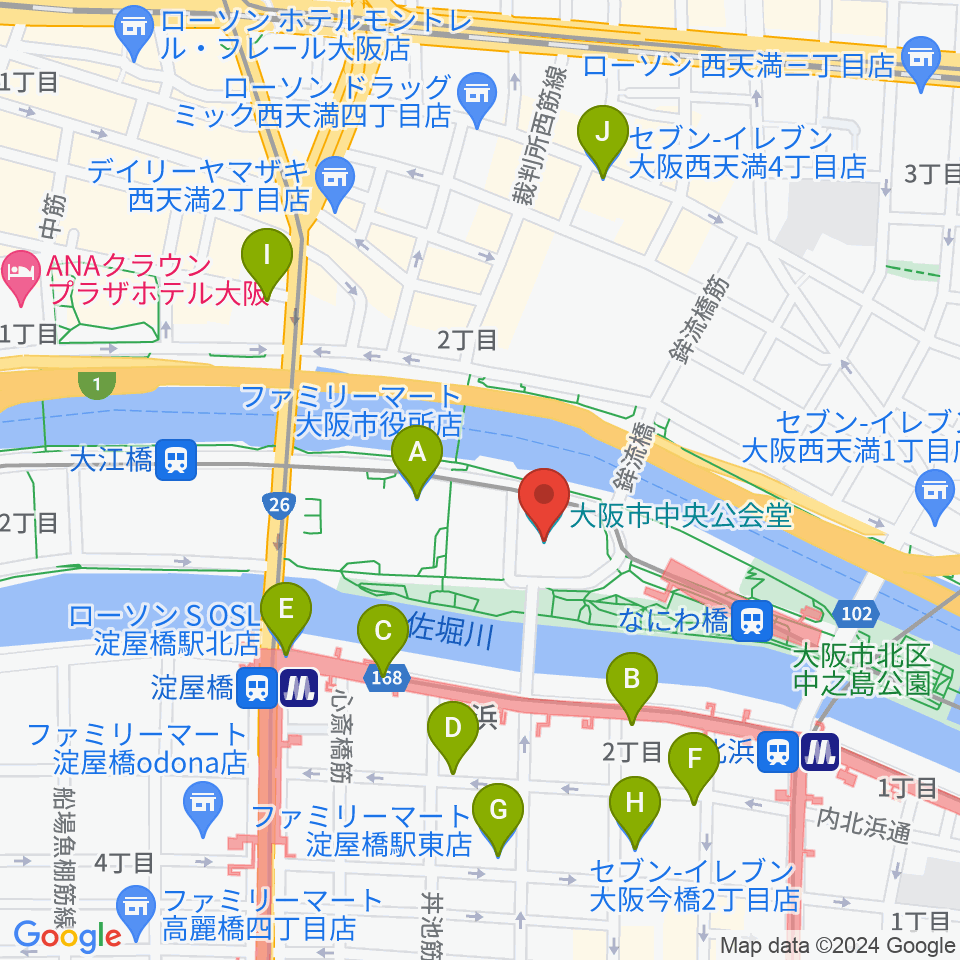 大阪市中央公会堂周辺のコンビニエンスストア一覧地図