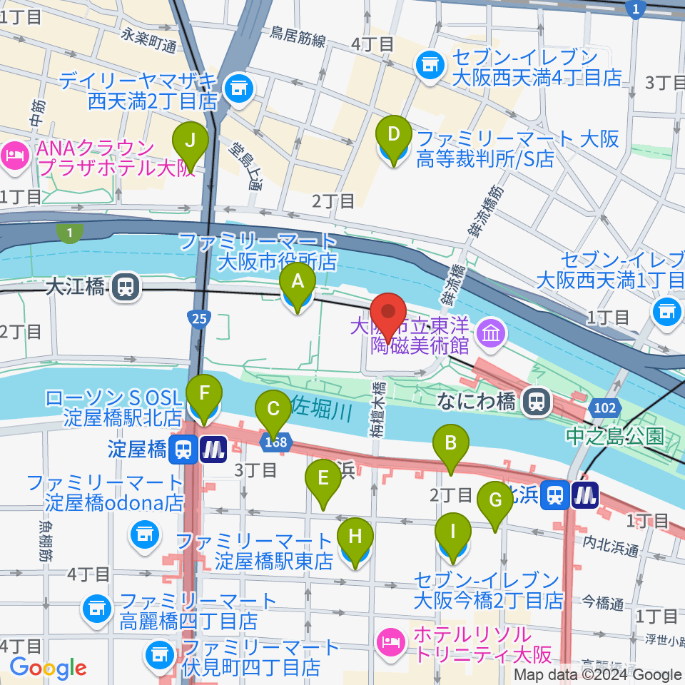 大阪市中央公会堂周辺のコンビニエンスストア一覧地図